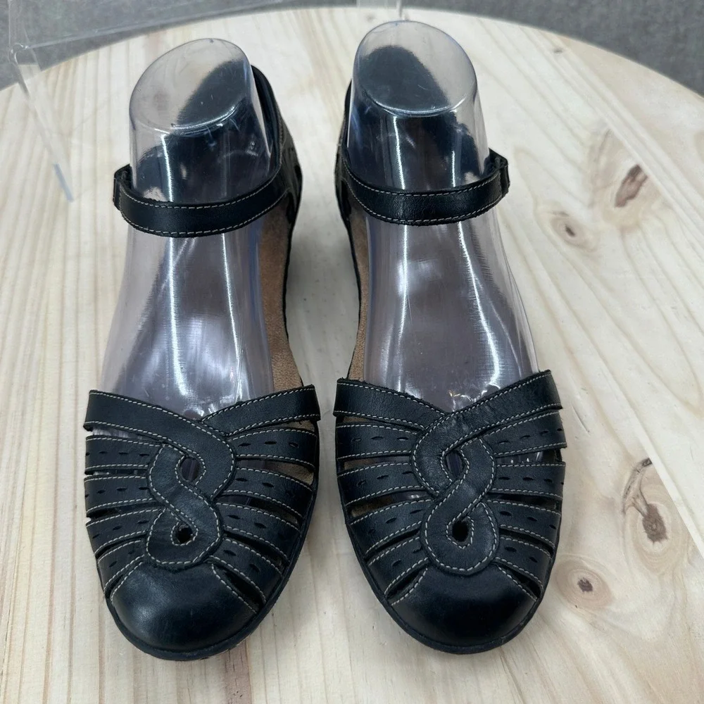 Clarks Wendy Land Sandals Womens 9.5 Black Leather Wedge Laser Cut Mary Jane